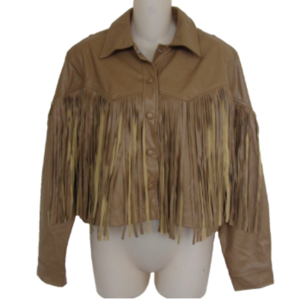 🤠 ENTRO Lainey Wilson Style Tan Faux Leather Fringe Jacket RTV $90